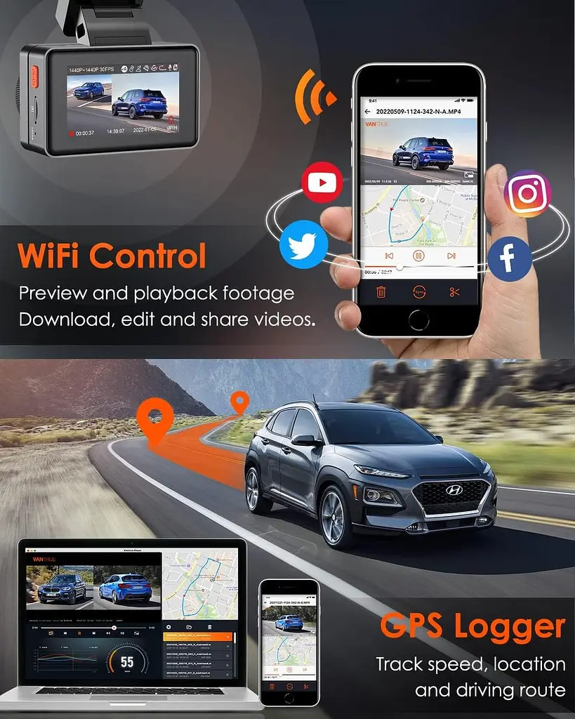 VANTRUE E2 Dash Cam Передняя и задняя камера с голосовым управлением, двойная 2.7K видеорегистратор, Wi-Fi, GPS - фото 6