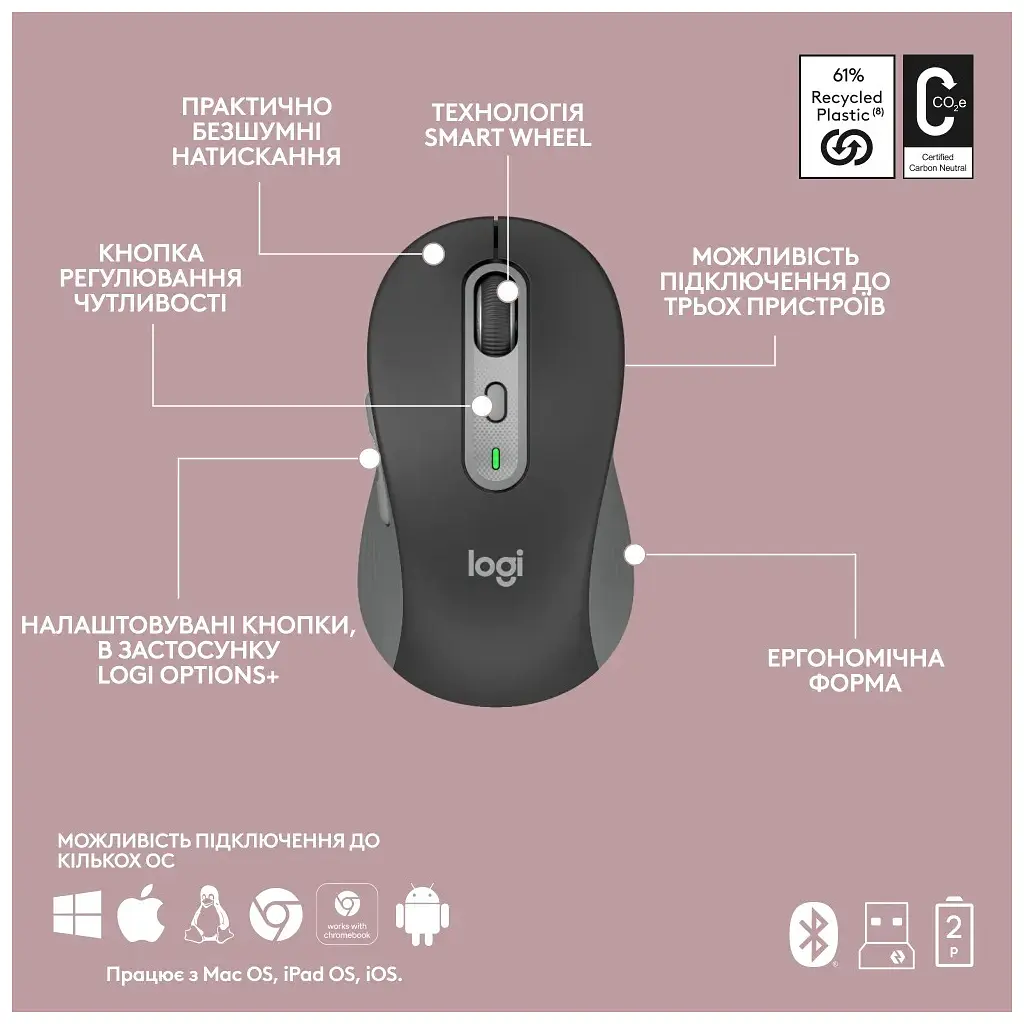 Комплект Logitech MK950 Bluetooth/Wireles UA Graphite (920-012490) - фото 11