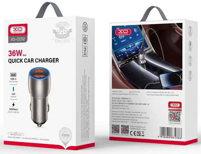 Автомобільний зарядний пристрій XO CC52 Metal double USB QC&PD3.0 36W 3A з Type-C cable Tarnish - фото 2