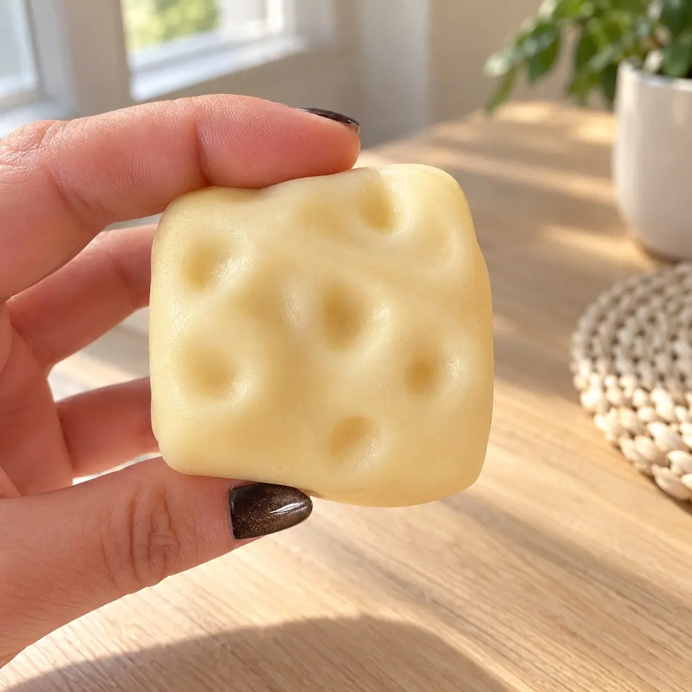  Сквіш Кубик Сиру мʼякий антистрес Squishy Cheese гарно відновлює форму в коробці 5см - фото 3