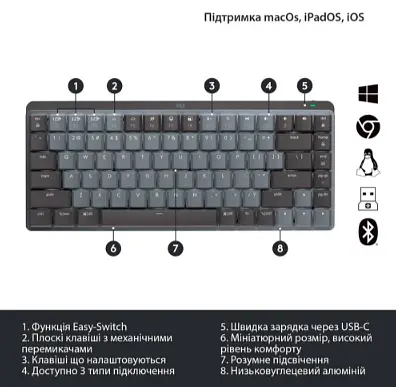 Клавіатура Logitech MX Mechanical Mini Minimalist Wireless Графітовий (920-010780) (6807802) - фото 7