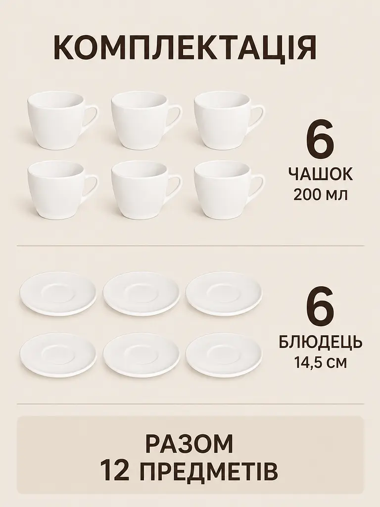 Чайний сервіз скляний білий на 6 персон 12 предметів, чашки 200 мл, блюдця 14,5 см (49676224) - фото 6
