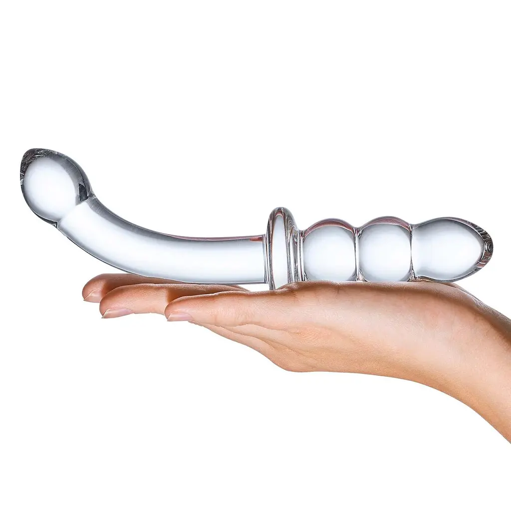 Двосторонній фалоімітатор G-Spot Glas Ribbed 20.3 см (прозорий) - фото 4