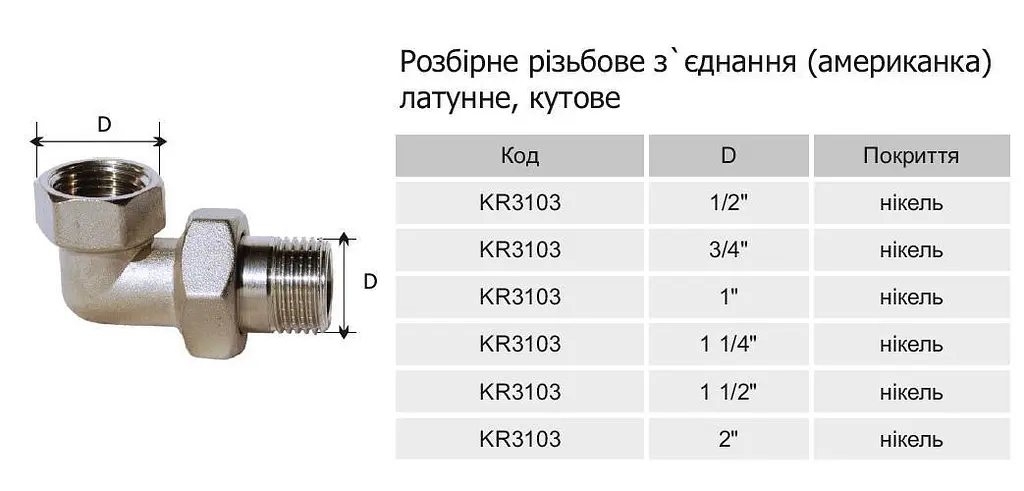 Згін-американка Karro KR3103 1/2" кутовий нікельована латунь 30412 - фото 2