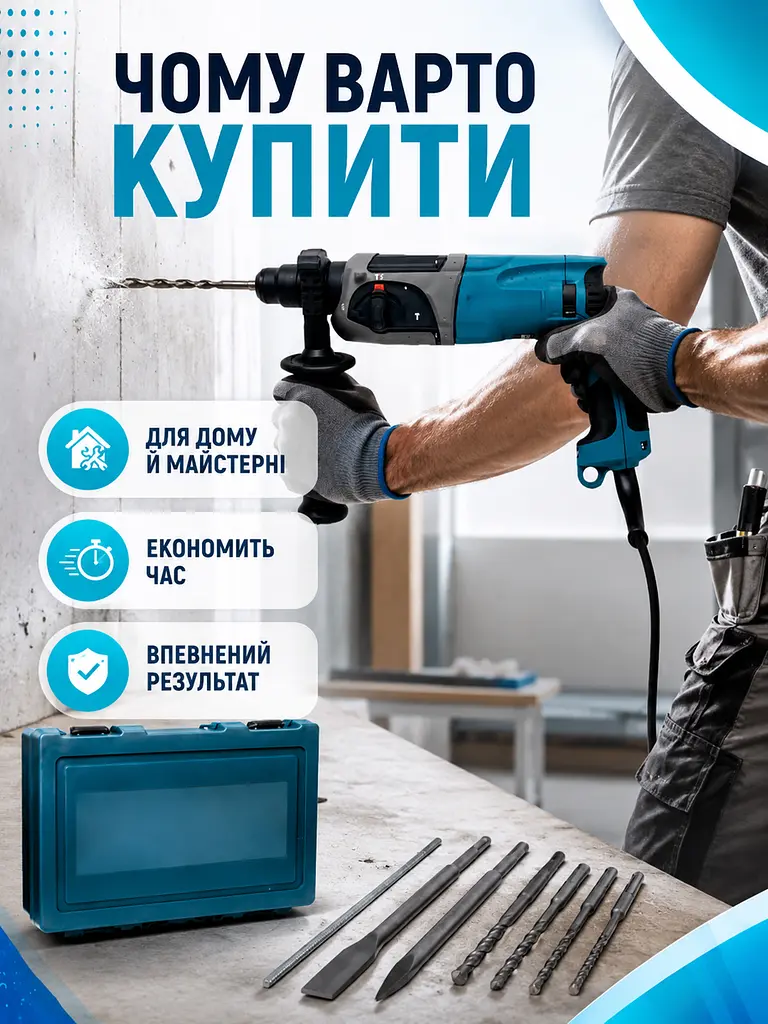 Перфоратор мережевий 780 Вт 2.7 Дж SDS+ 3 режими з бурами та кейсом (49676076) - фото 8