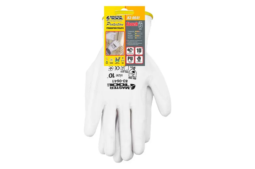 Рукавички робочі захисні Mastertool поліуретанова біла 10" (в упаковці 6 шт.) - фото 2