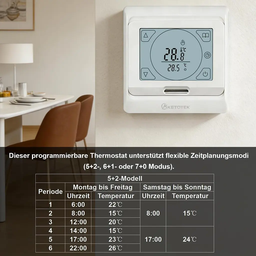 KETOTEK програмований термостат для електричної теплої підлоги 16A, сенсорний LCD, 230V, вбудований і зовнішній датчик - фото 5