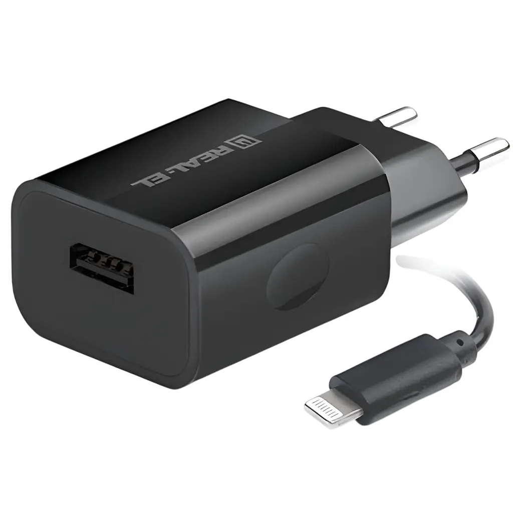 Мережевий зарядний пристрій REAL-EL CH-217 (2USB, 2.1A) Чорний + кабель Lightning - фото 8
