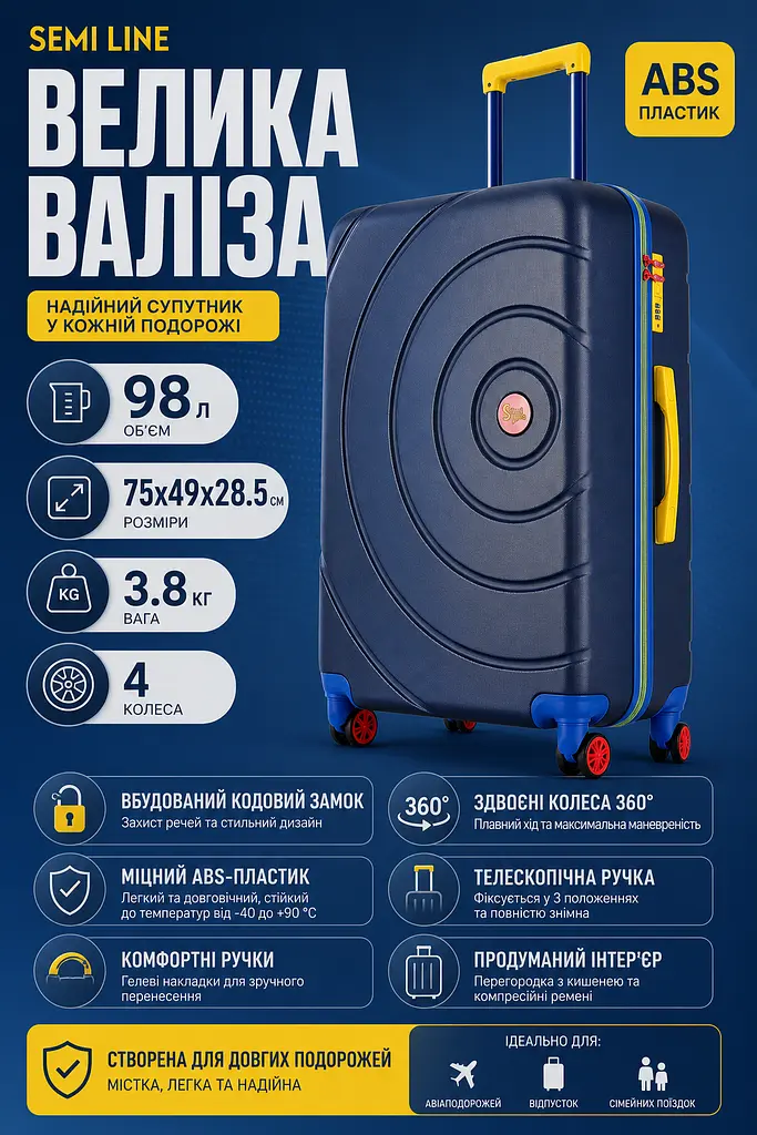 Валіза велика Semi Line T5932-3 ABS-пластик 28 дюймів 98 л Navy - фото 3