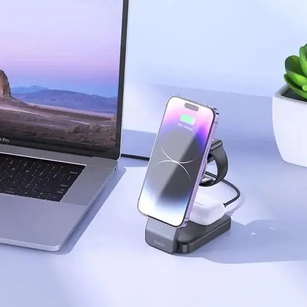 Безпровідна зарядка підставка Hoco CQ3 для iPhone iWatch/Airpods на 5-15W QI 3А чорна - фото 5