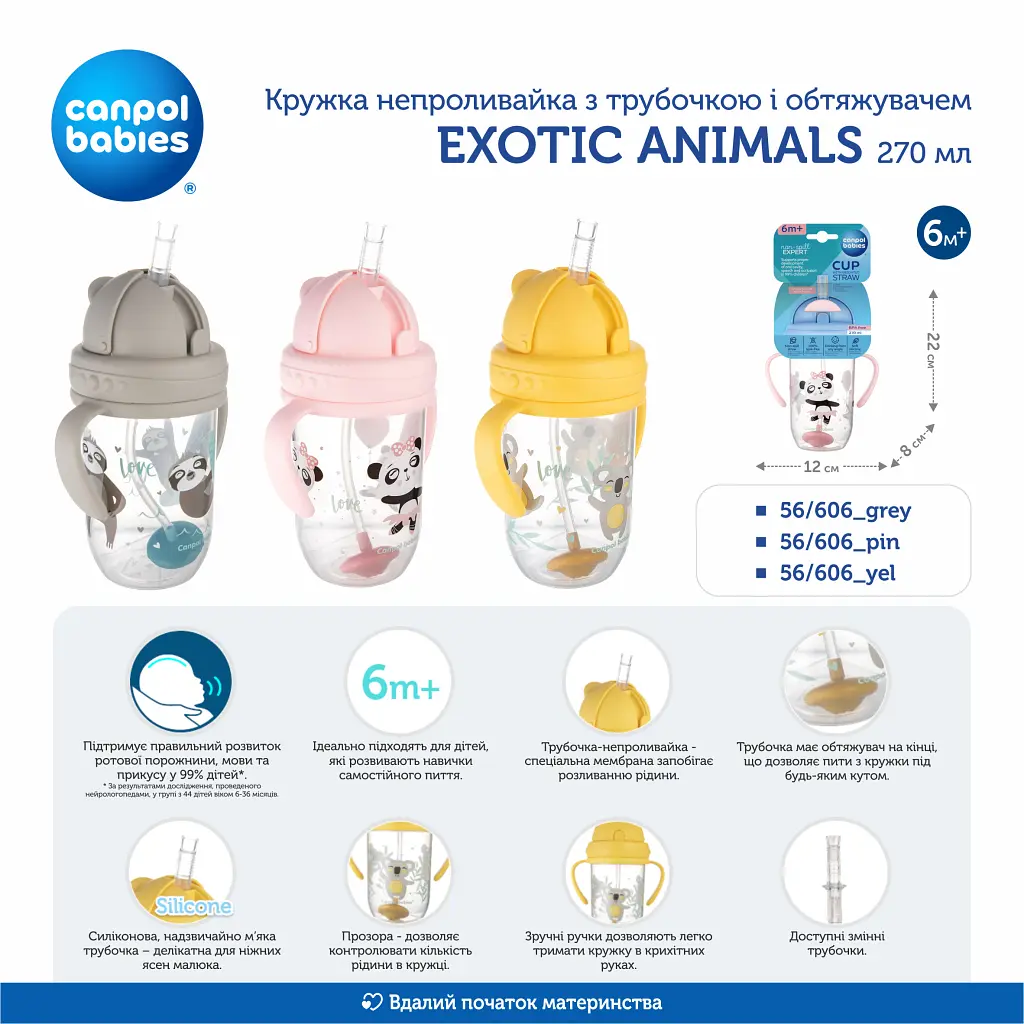 Поїльник-непроливайка Canpol babies Exotic Animals з трубочкою і обтяжувачем 270 мл Сіра (56/606_grey) - фото 5