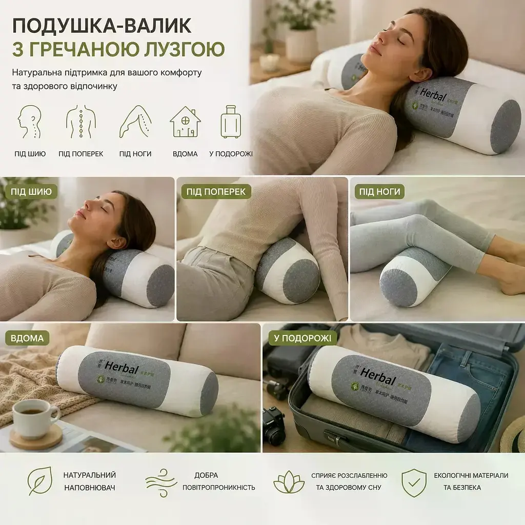 Подушка для шиї з гречаною лузгою 40×15×12 см • Валик під шию з гречки для сну, відпочинку, дому, офісу та поїздок - фото 2