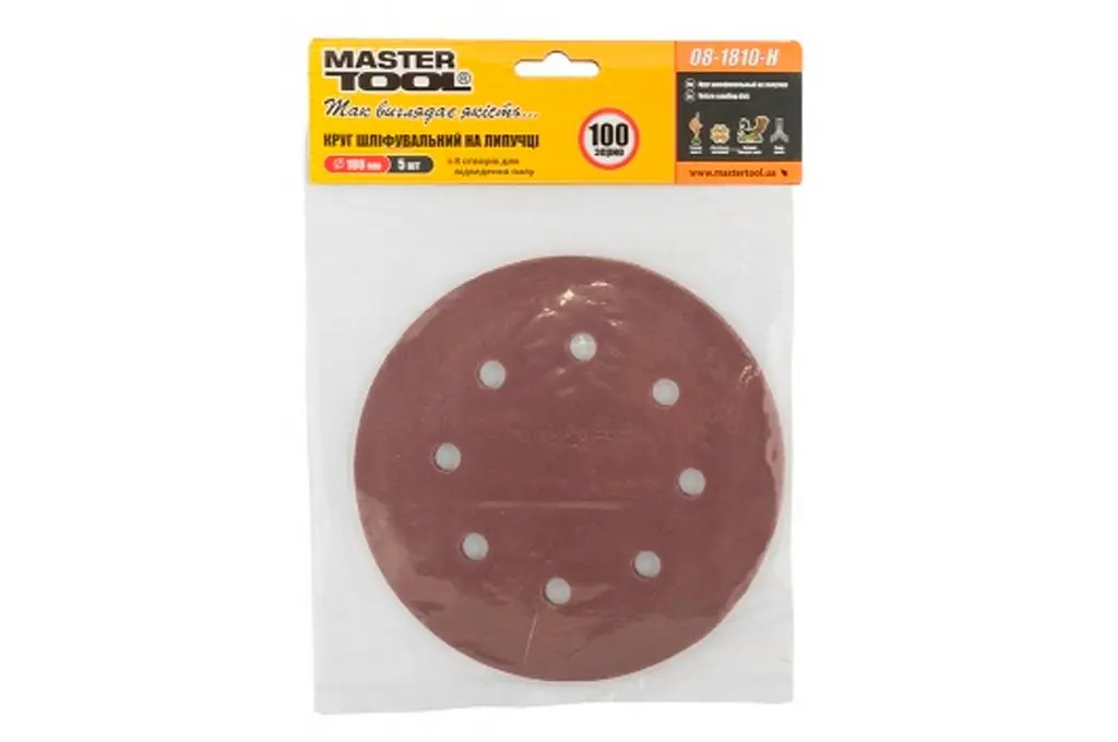 Шлифовальный лист круглый MasterTool на липучке наждачной 180 мм x Р100 с отверстиями в упаковке 5 шт. - фото 4