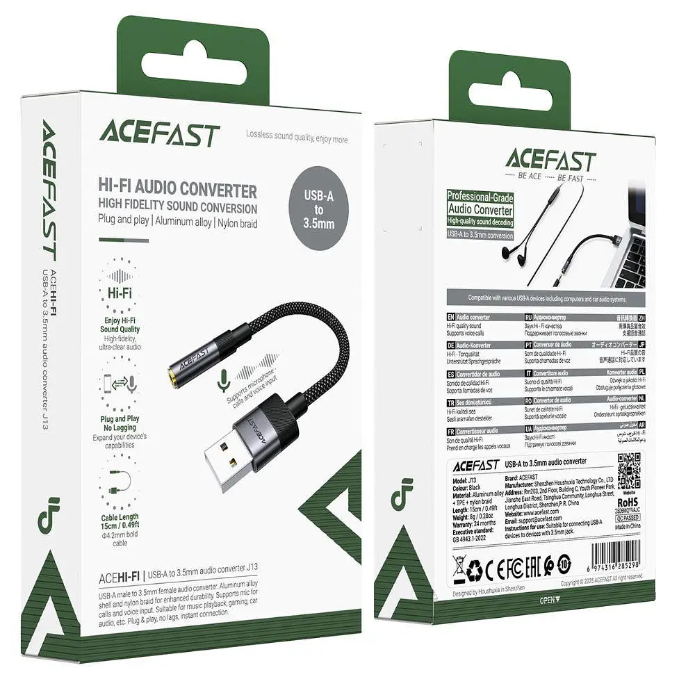 Аудіокабель ACEFAST J13 USB-A to 3.5mm female, nylon braid, 0.15m, Чорний - фото 2