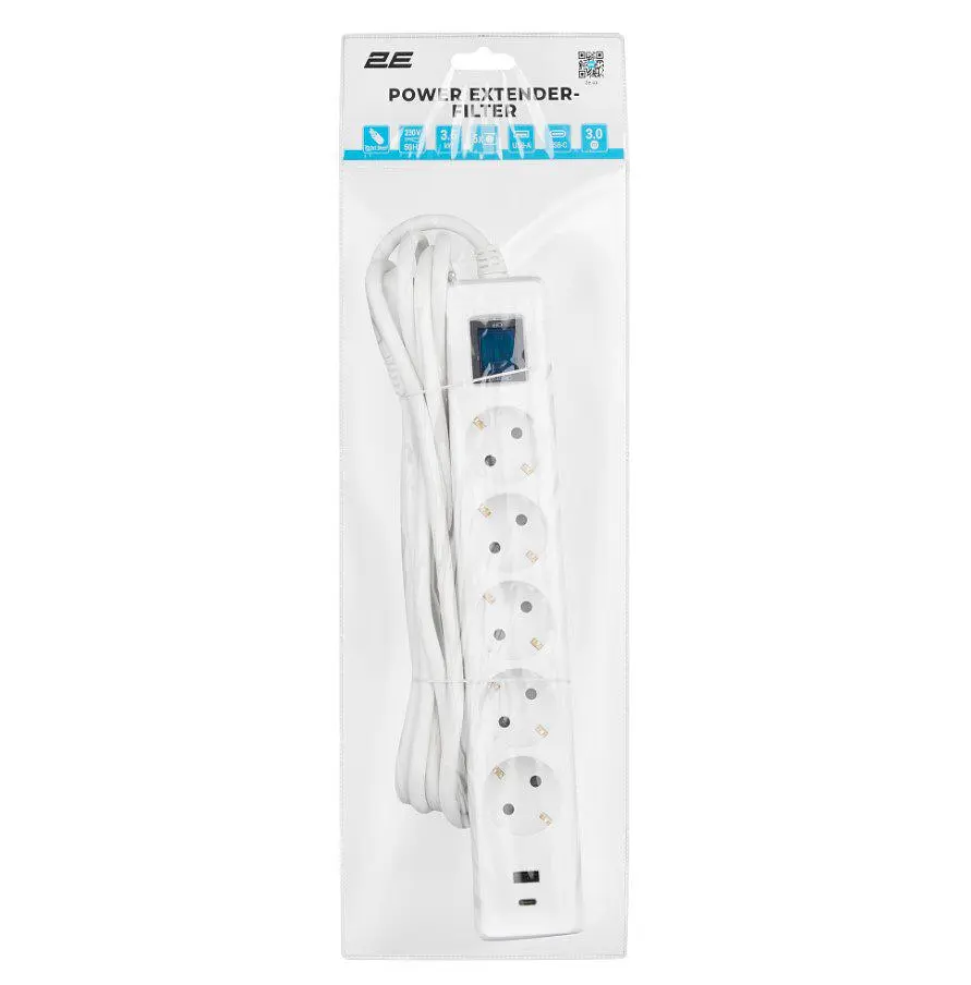 Сетевой фильтр-удлинитель 2E SP-515-M3USB-WH 3 м, 5xТипF, 16A, 1xUSB-A,1xUSB-C - фото 5