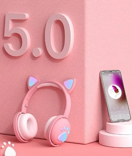 Бездротові дитячі блютус навушники Oui CAT BK1 з котячими вушками і LED підсвічуванням Рожевий - фото 7