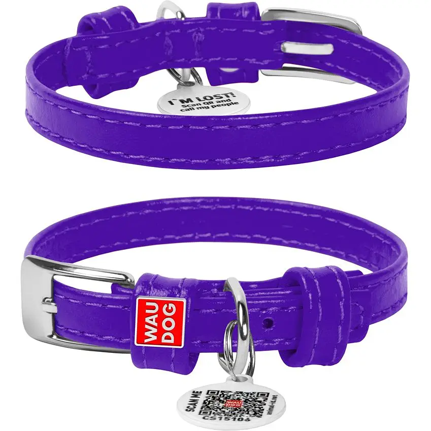 Ошейник для собак Waudog Glamour, кожаный, с QR паспортом, 18-21х0,9 см, фиолетовый - фото 2
