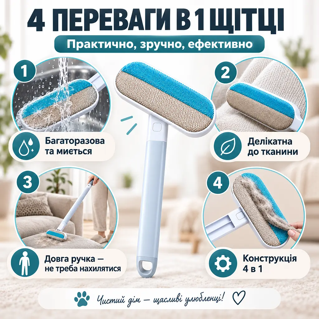 Щітка 4 в 1 для видалення шерсті тварин, чищення меблів, килимів, одягу та вікон з довгою ручкою 59 см-KT9004202 - фото 6