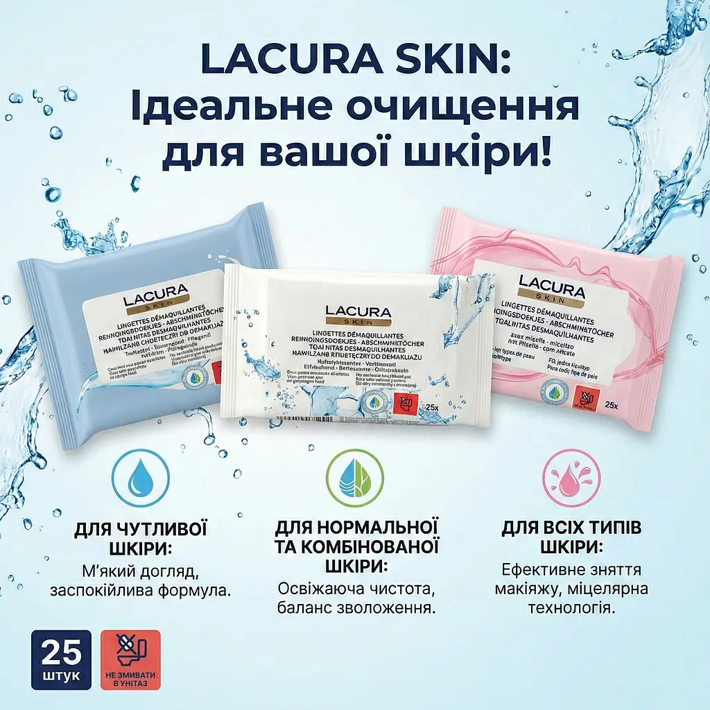 Міцелярні вологі серветки для зняття макіяжу Lacura Skin для всіх типів шкіри 25 шт. Серветки для вмивання - фото 4