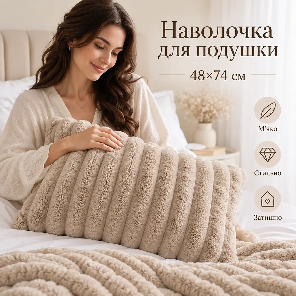 М'яка плюшева хутряна наволочка Solve бежева 48 x 74 см (KT9001011)  - фото 2