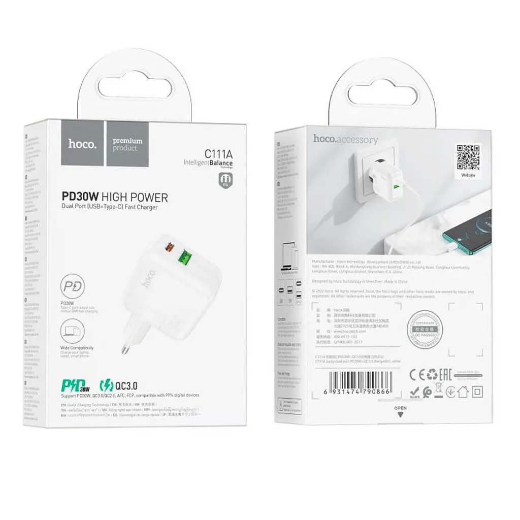Мережевий зарядний пристрій Hoco C111A Lucky dual-port PD30W + QC3.0 charger ( EU ) Білий - фото 3