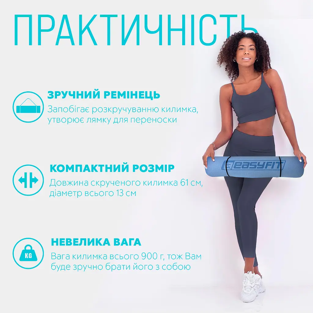 Килимок для йоги та фітнесу EasyFit TPE+TC 6 мм двошаровий + Чохол блакитний-синій - фото 2