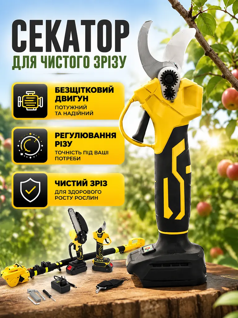 Набір акумуляторний 3в1 пила 6" секатор висоторіз 2 м жовтий для саду з 2 АКБ (49675934) - фото 6