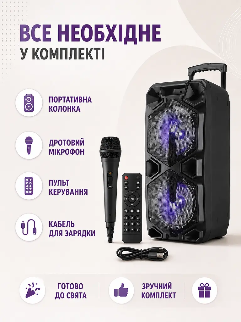 Портативна колонка валіза 2×10″ PMPO 4000 Вт з мікрофоном, пультом і LED чорна (49676161) - фото 7