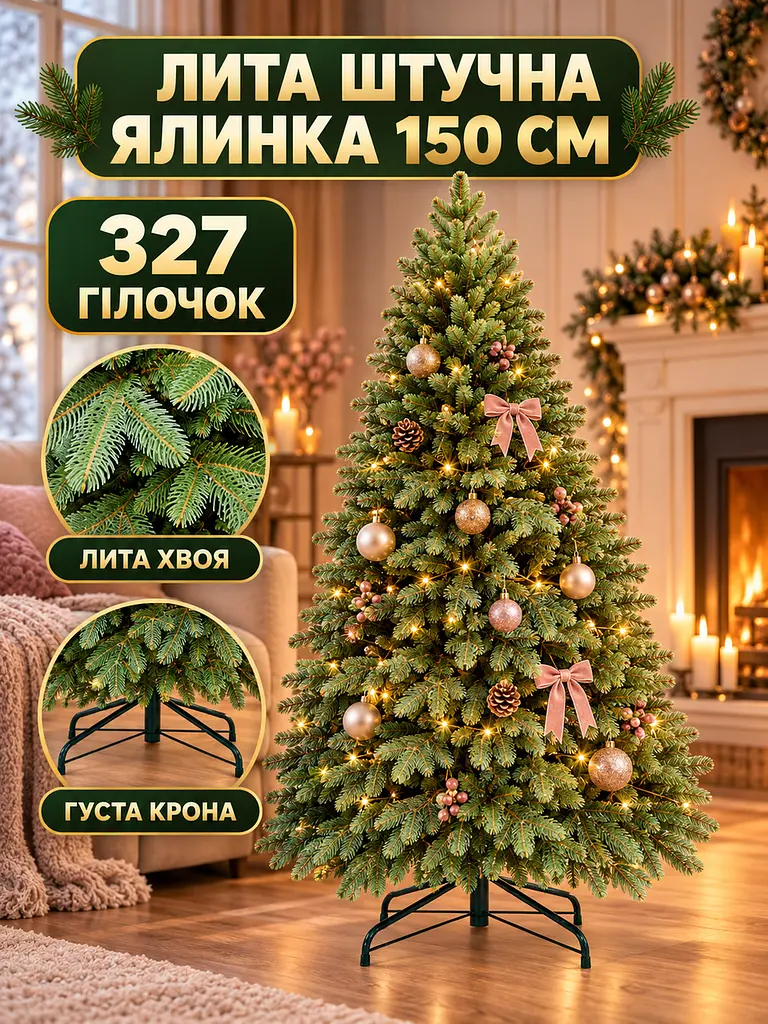 Лита штучна ялинка РЗ15 Кришталь 150 см з густою хвоєю на металевій підставці, зелена (49676490) - фото 2