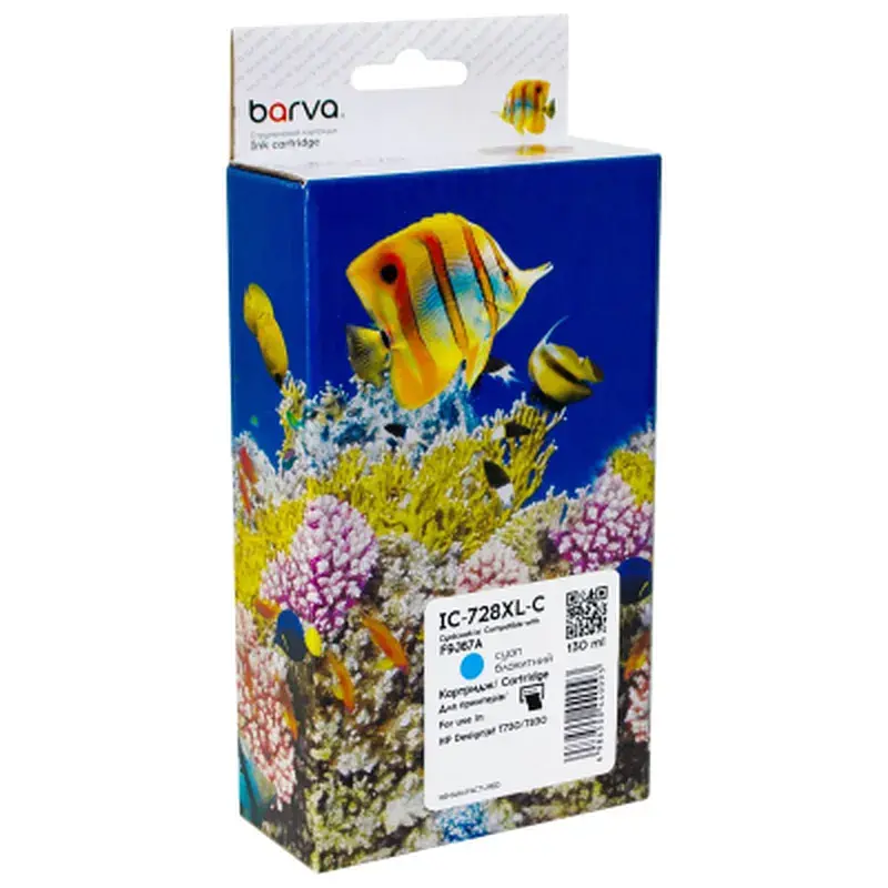 Картридж Barva HP 728XL/F9J67A, ver. U1-U30, 130 мл, Cyan (IC-728XL-C)