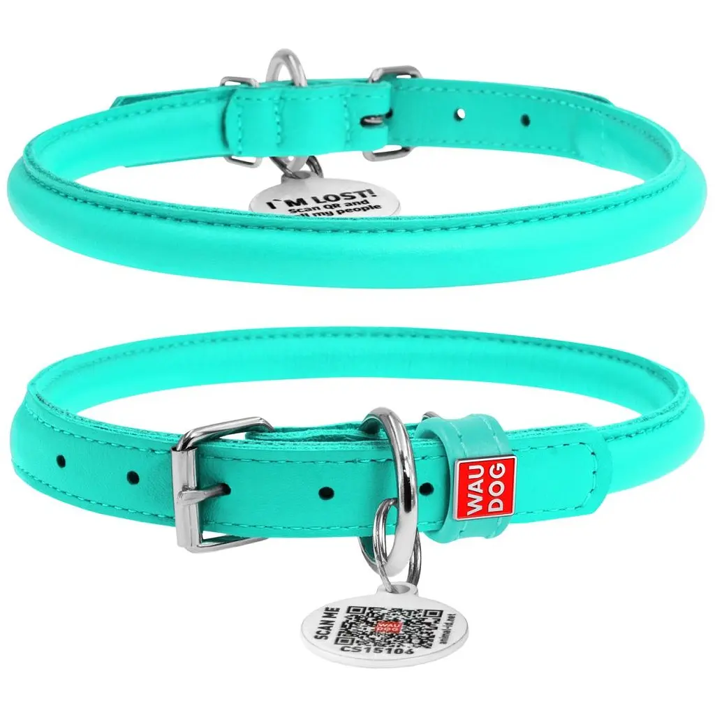 Нашийник для собак Waudog Glamour, круглий, шкіряний, з QR паспортом, L, 39-47х1 см, ментоловий - фото 2