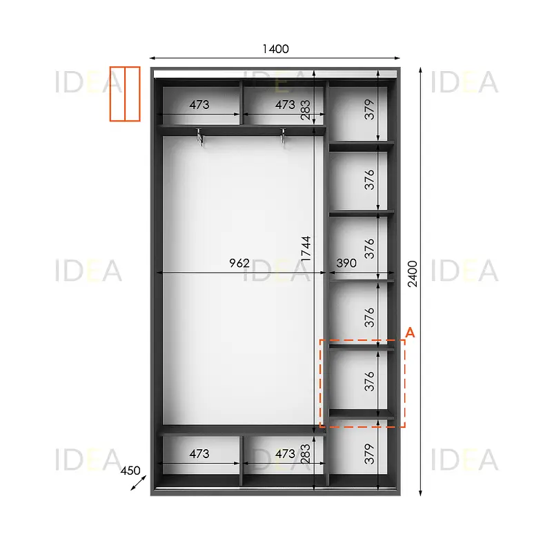 Шафа-купе Idea серія 1 140 x 45 x 240 см Антрацит Дзеркало - фото 2