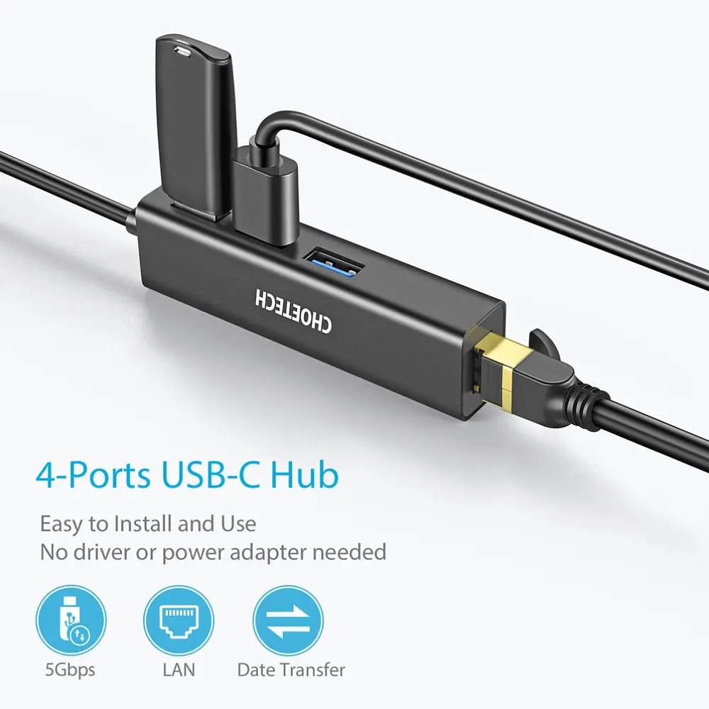 Хаб USB 3.1 -> 3хUSB 3.0+RJ45(1000M) Ethernet 4 in 1 Hub Choetech - фото 4