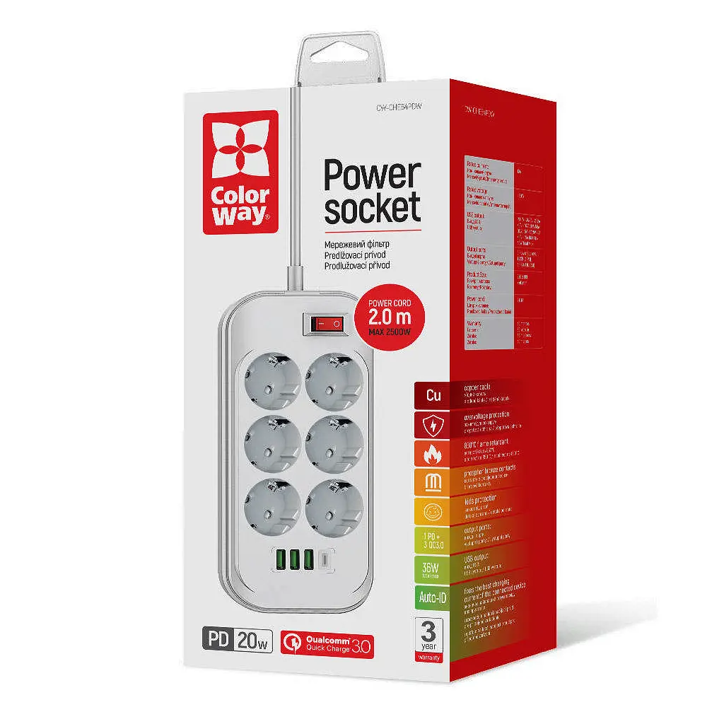 Мережевий фільтр живлення ColorWay CW-CHE64PDW, 6 розеток/4USB 2M (CW-CHE64PDW) - фото 3