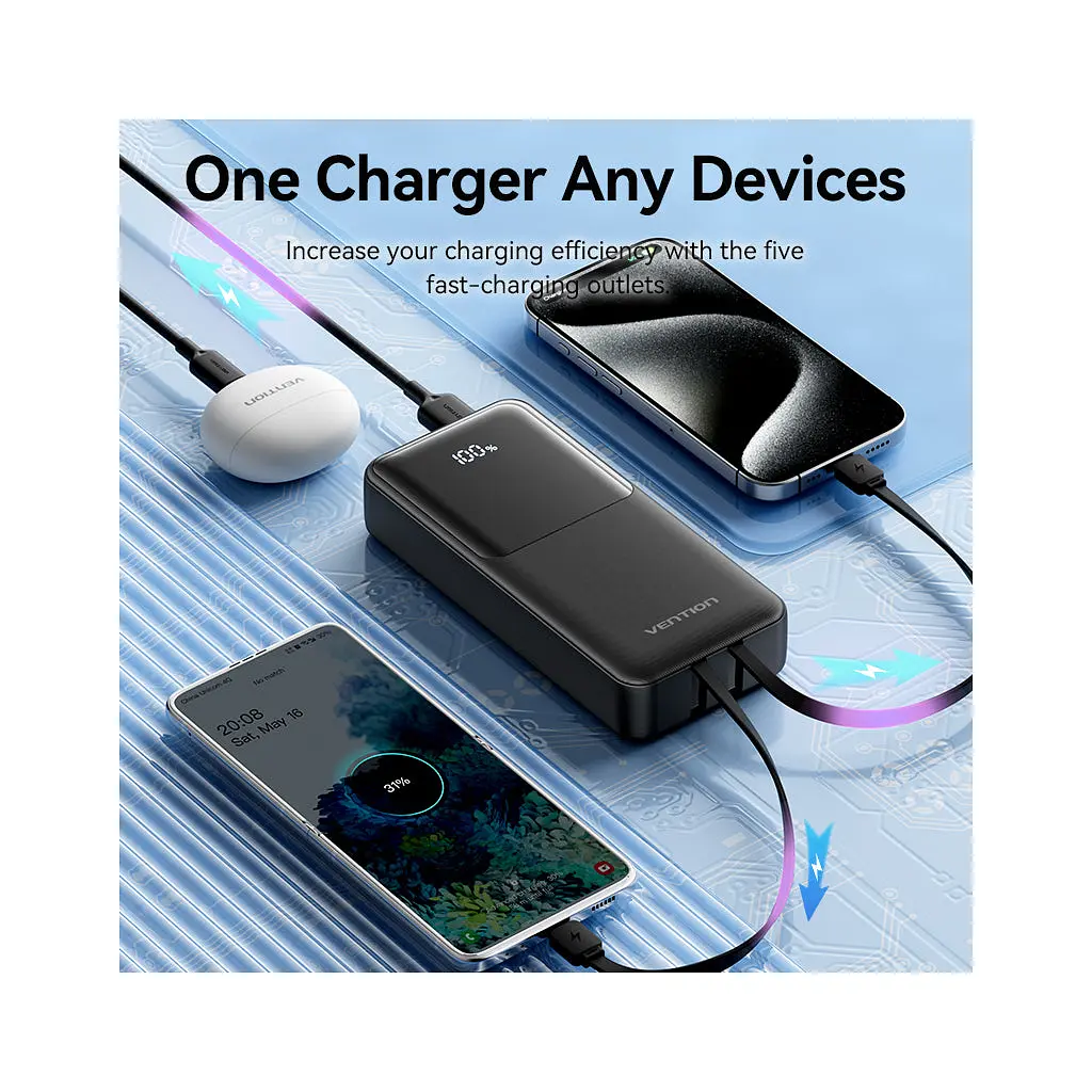 Батарея універсальна Vention 20000 mAh 22.5W with Built-in USB-C and Lightning Cables (FHPB0) - фото 8