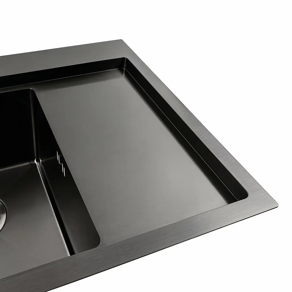 Кухонна мийка чорна PVD 58x48 L Platinum Handmade (два отвори, круглий сифон 3,0/0,8), Чорний - фото 3