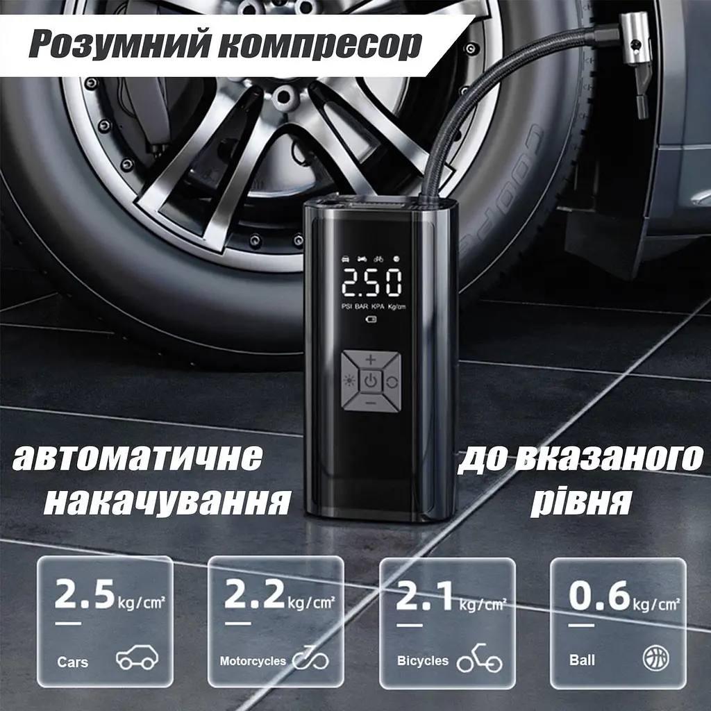 Автомобільний Компресор Suitu 6000 mAh 150 PSI 120W Автокомпресор Портативний Акумуляторний Автомобільний Насос для Авто Шин - фото 4