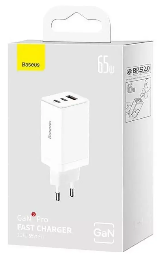 Мережевий зарядний пристрій Baseus GaN5 Pro Fast Charger 2Type-C+USB 65W + Cable Type-C to Type-C CCGP120202 White - фото 6