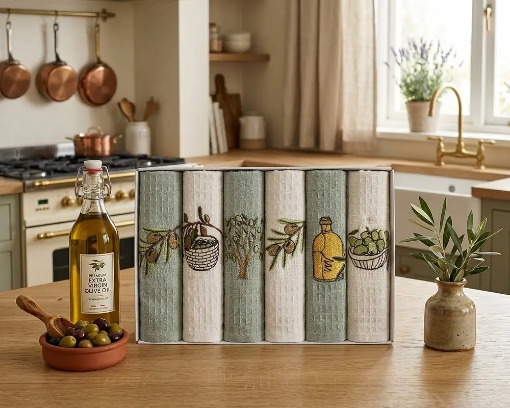 Набір рушників для кухні Nilteks 6 штук 40х60 вафельні з вишивкою Olive 3 - фото 2