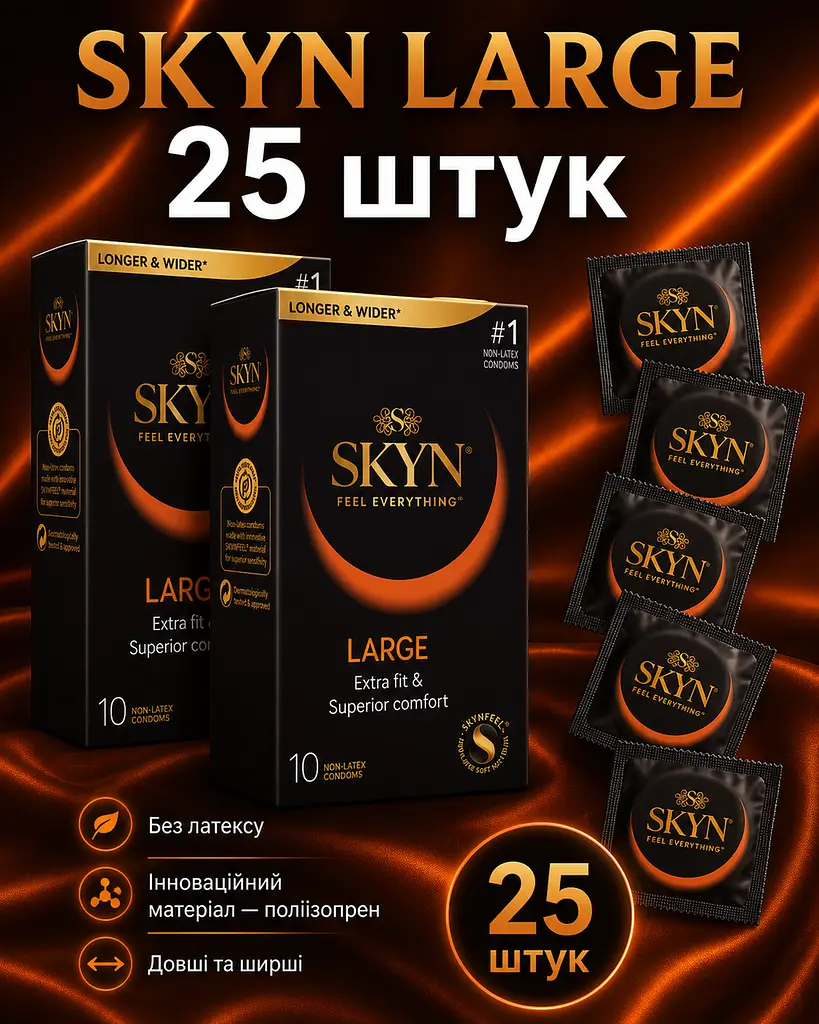 Презервативи Skyn Large безлатексні 25 шт — збільшений розмір, поліізопрен, комфорт та природні відчуття
