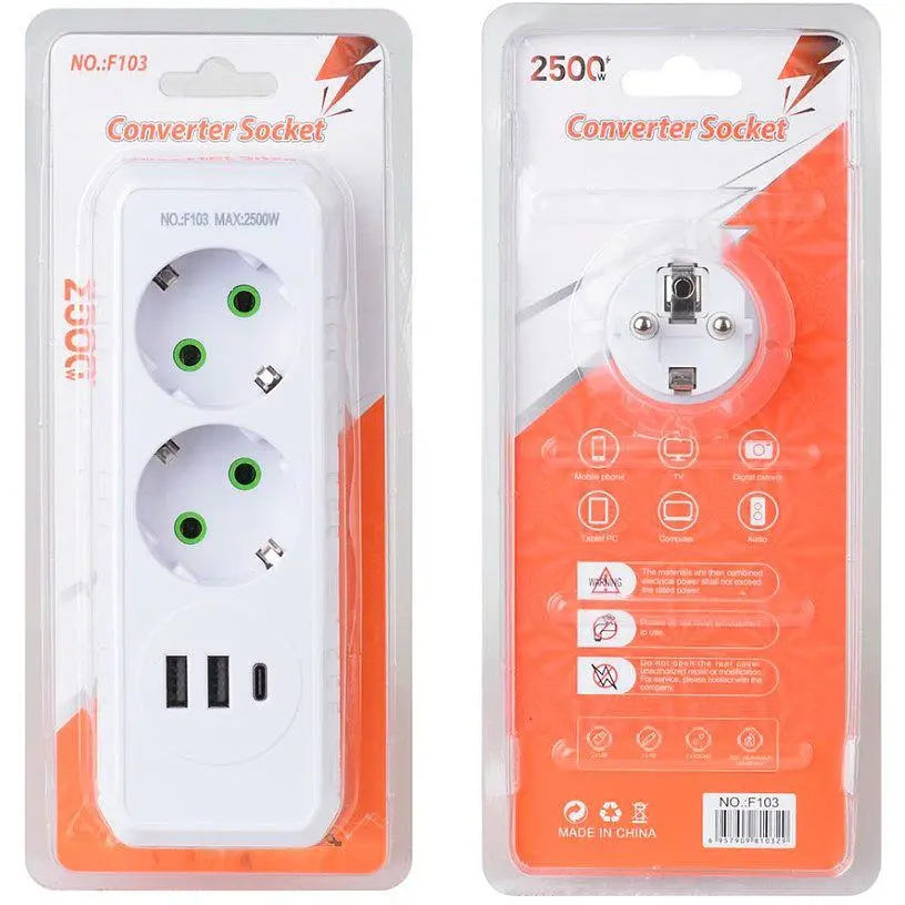 Розетка-подрібнювач із заземленням Voltronic F-103 White, 2 розетки + 2xUSB + 1xType-C, 2500 W, 10A, 110-250V - фото 2