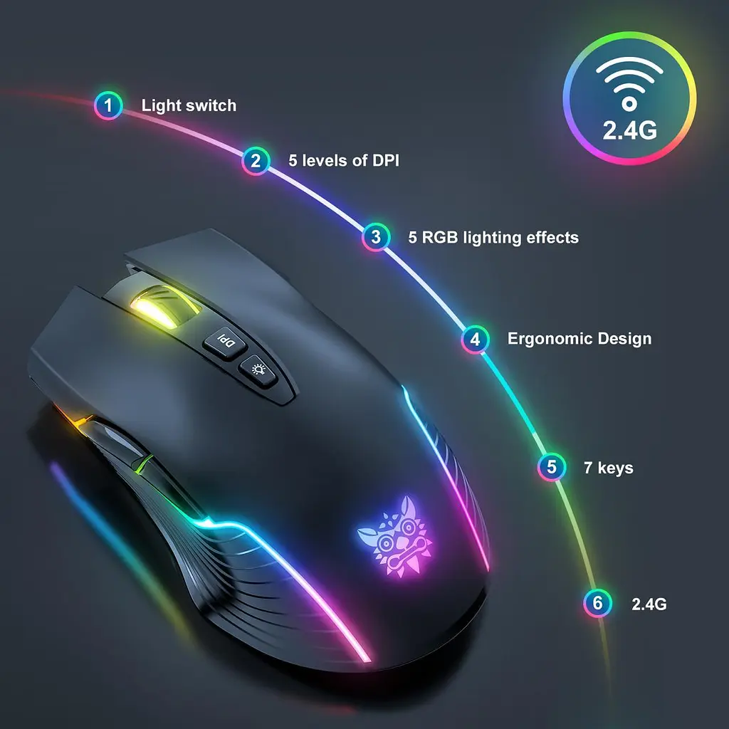 Компьютерная мышка Onikuma игровая беспроводная C105 для ПК и ноутбука USB адаптер 2.4 GHz RGB-подсветка 7 кнопок 3600 DPI аккумуляторная - фото 2