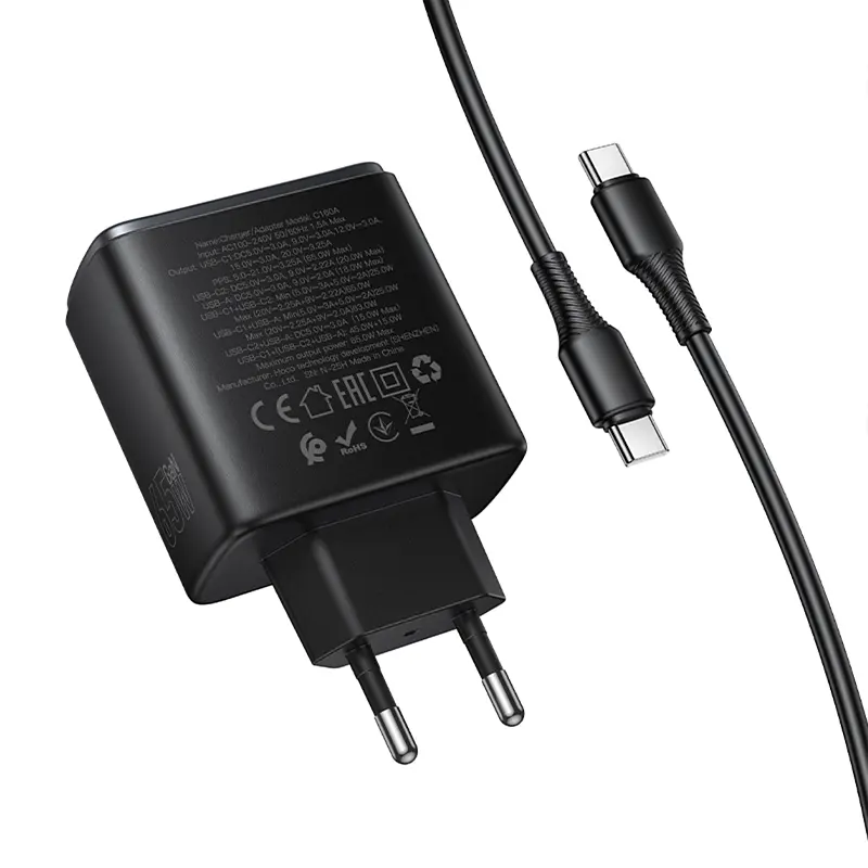 Мережевний зарядний пристрій Hoco C160A Upgrade PD65W+QC3.0 1USB-A/2C + кабель Type-C to Type-C Black - фото 6