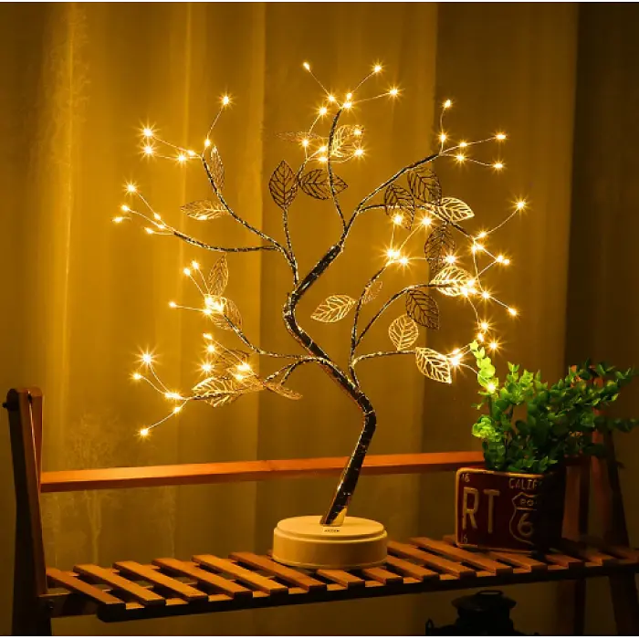 Світильник нічник Bonsai LED Дерево Роса 50 см з підсвіткою, USB та батарейки, сріблястий - фото 2