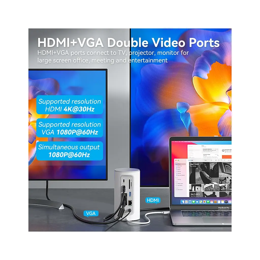 Концентратор Vention USB3.1 Type-C to HDMI/VGA/USB3.0x3/RJ45/SD/TF/TRRS 3.5m/PD/DC100W12-in-1 (TPHWC-EU) - фото 7