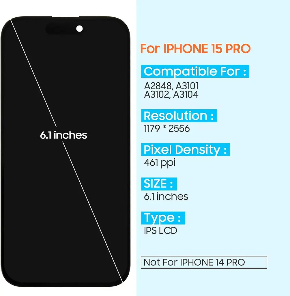 Замена экрана ARSSLY для iPhone 15 Pro ЖК-экрана сенсорного экрана в сборе с ремонтными деталями для iPhone A2848, A3101 A3102, A3 - фото 4