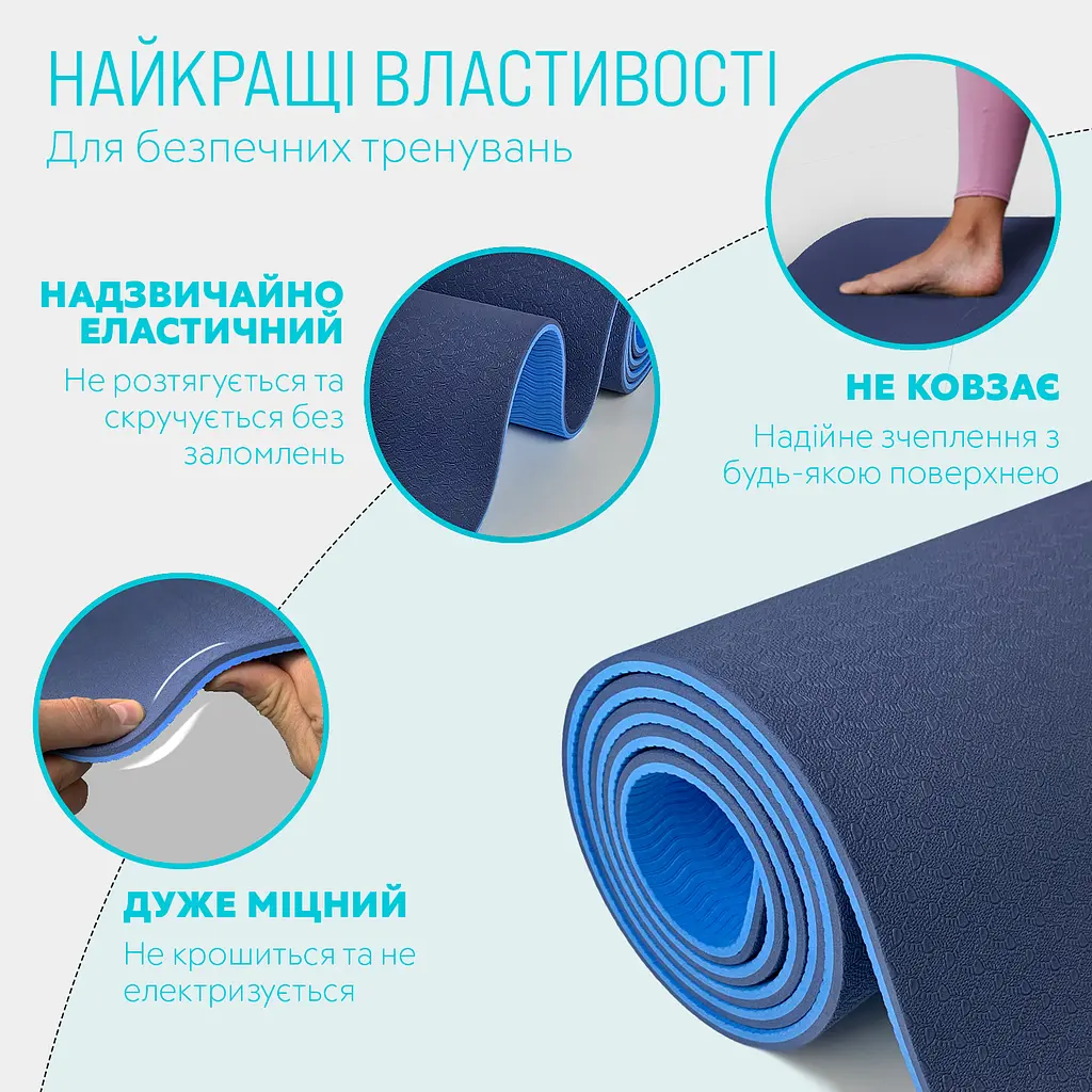 Килимок для йоги та фітнесу EasyFit TPE+TC 6мм двошаровий синій-блакитний - фото 3
