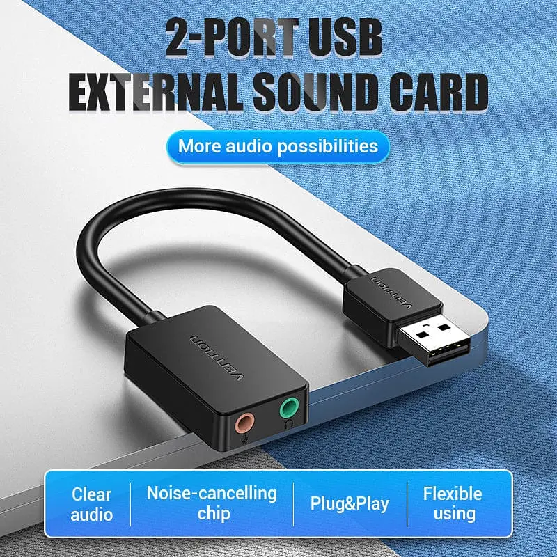 Звукова карта USB AUX jack, 2xTRRS (Mic+Ear) 1м Vention чорна - фото 2