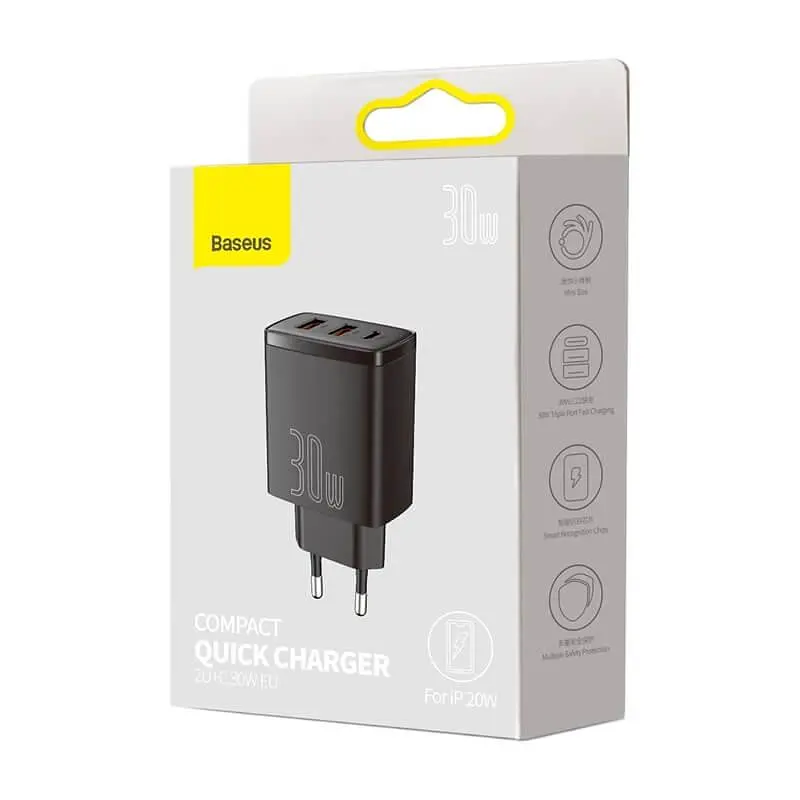 Адатер сетевой Baseus Compact Quick Charger 2USB/1Type-C, 30W/3A, PD/QC| (CCXJ-E02) - фото 2