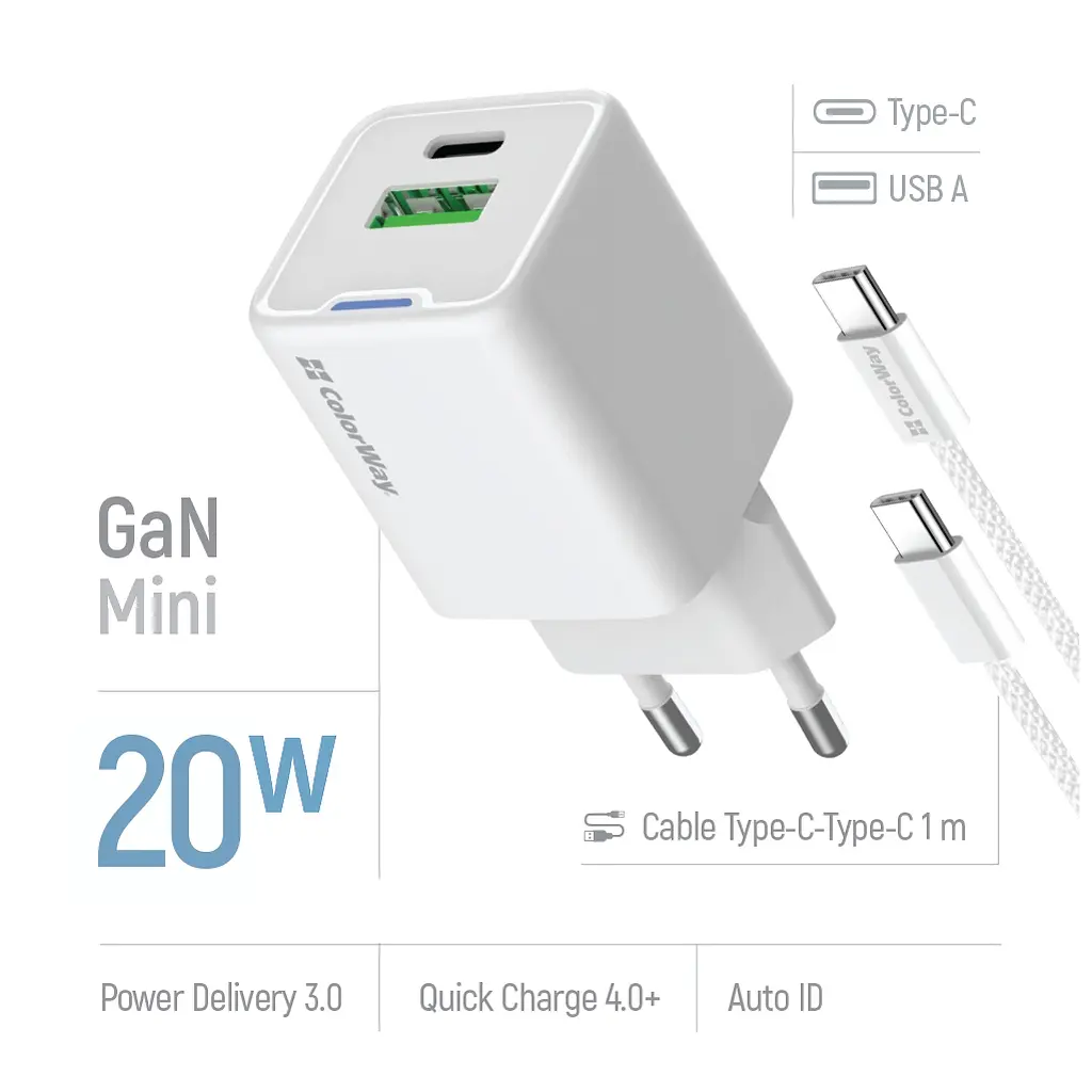 Зарядний пристрій ColorWay C101A GaN Mini 20 Вт PD PPS USB-C + USB-A QC 4.0 + кабель USB-C — USB-C чорний (CW-CHS062PDC-WT) - фото 8